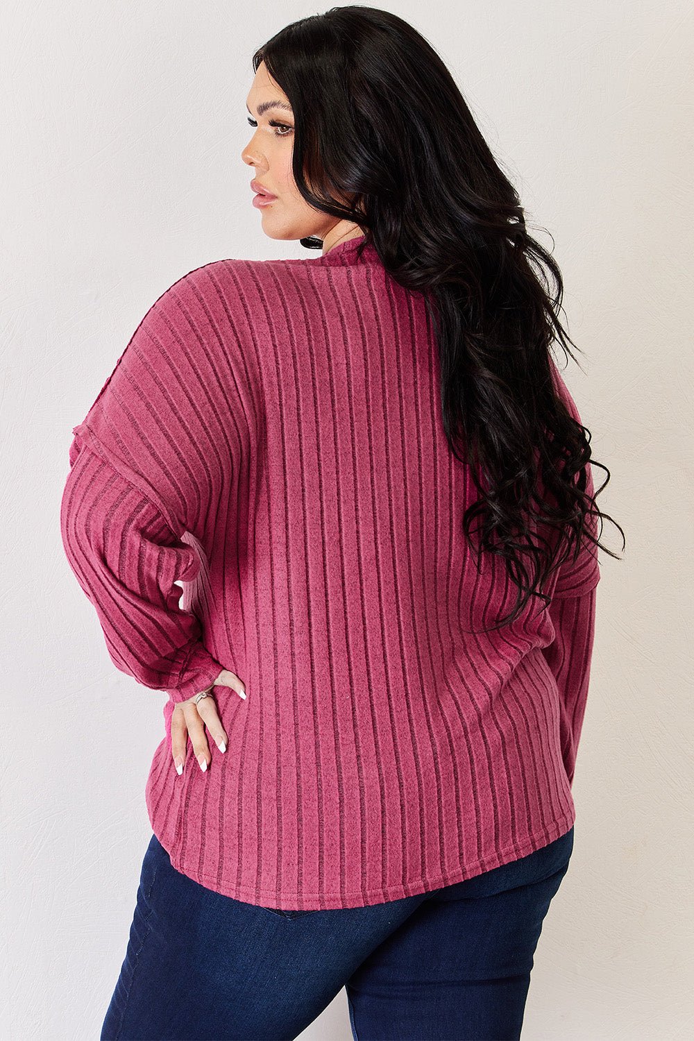 Basic Bae Ribbed Half Button Long Sleeve High - Low T - Shirt (Full Size) - Shirt - Hot Pink - Bella Bourget