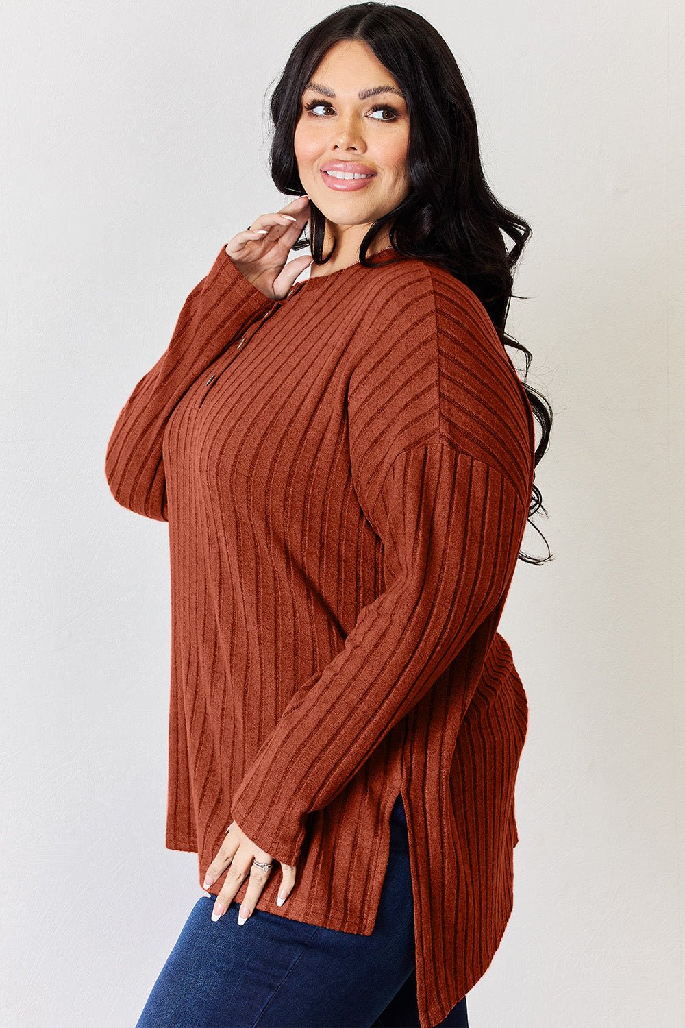 Basic Bae Ribbed Half Button Long Sleeve High - Low T - Shirt (Full Size) - Shirt - Brick Red - Bella Bourget