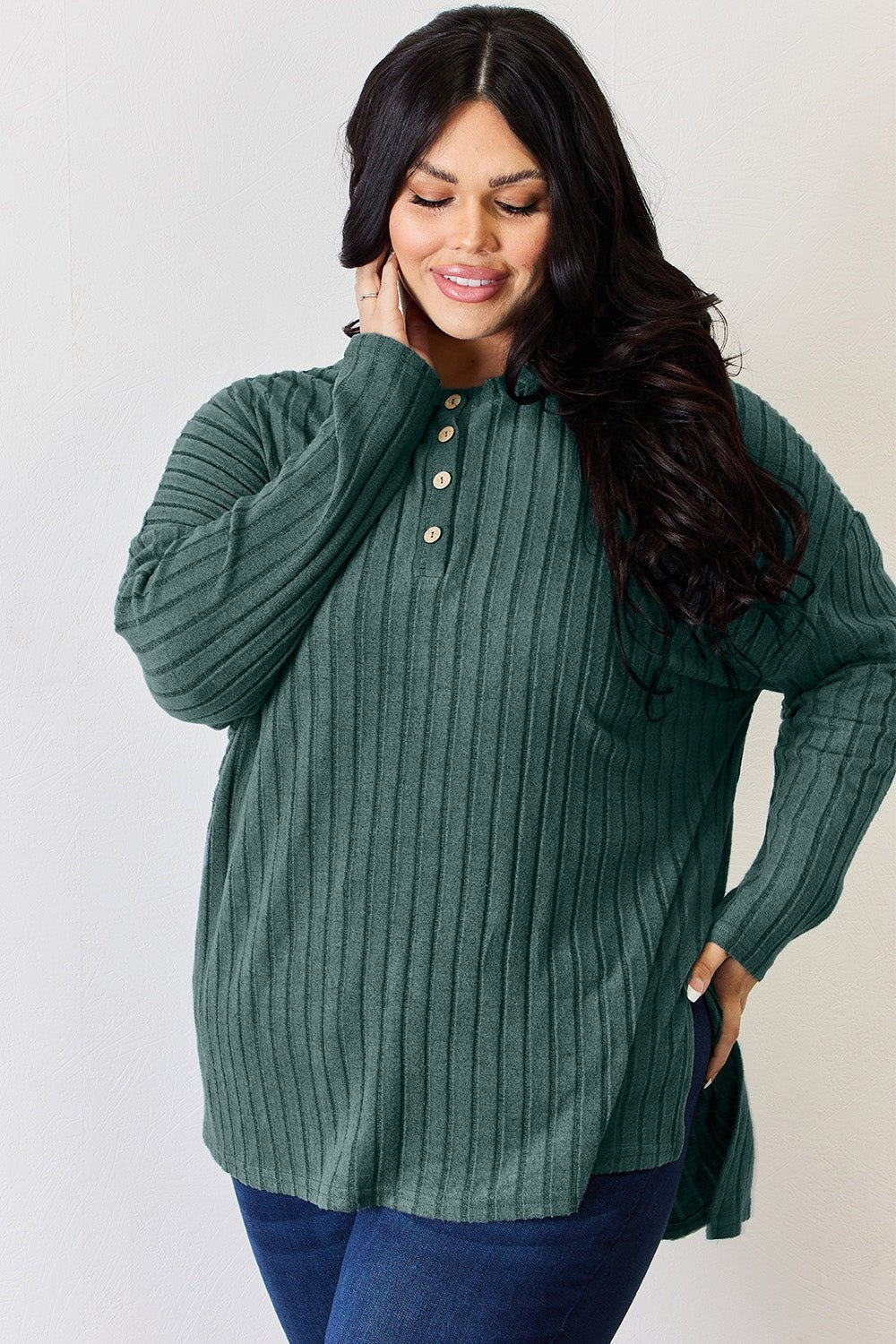 Basic Bae Ribbed Half Button Long Sleeve High - Low T - Shirt (Full Size) - Shirt - Gum Leaf - Bella Bourget