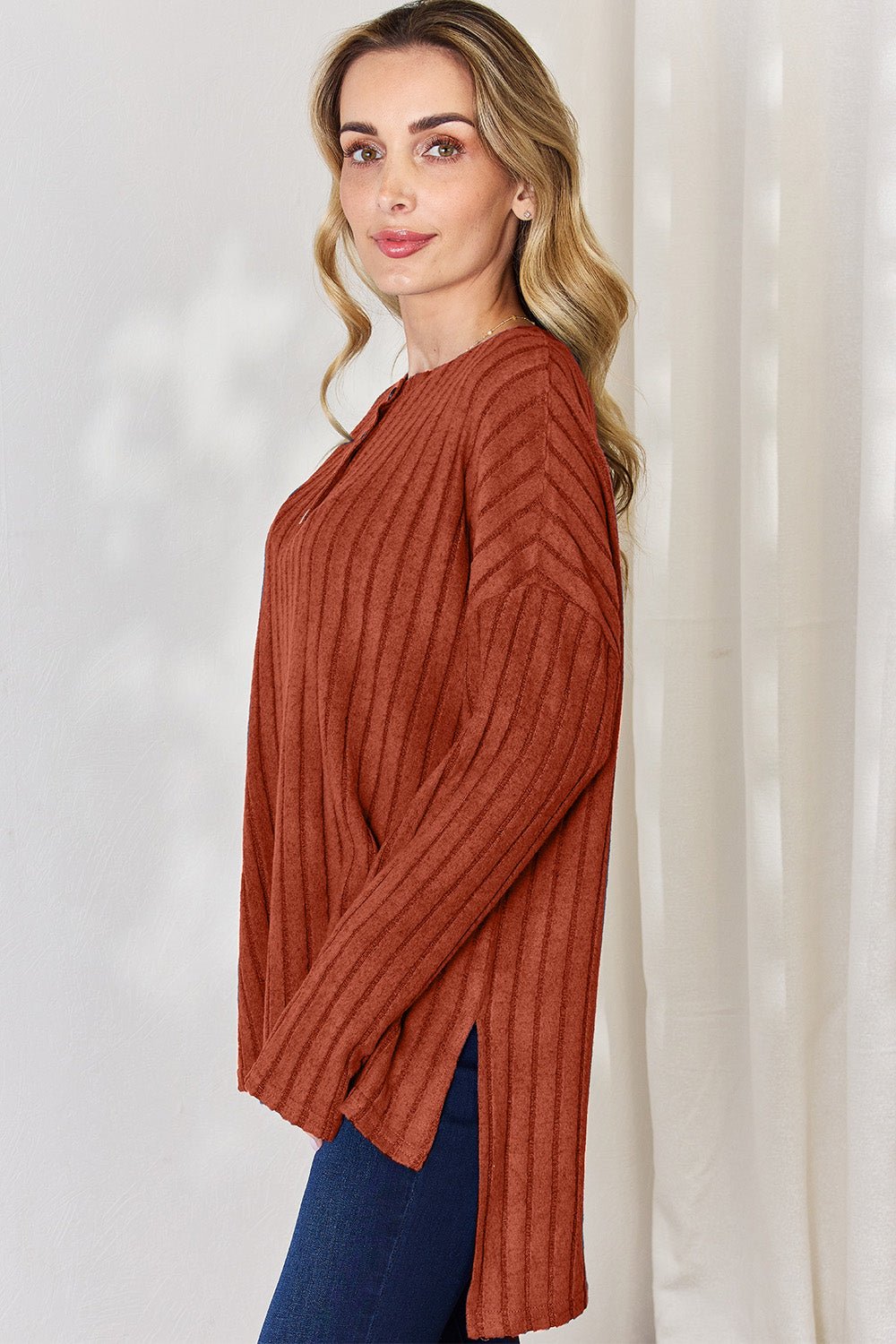 Basic Bae Ribbed Half Button Long Sleeve High - Low T - Shirt (Full Size) - Shirt - Brick Red - Bella Bourget