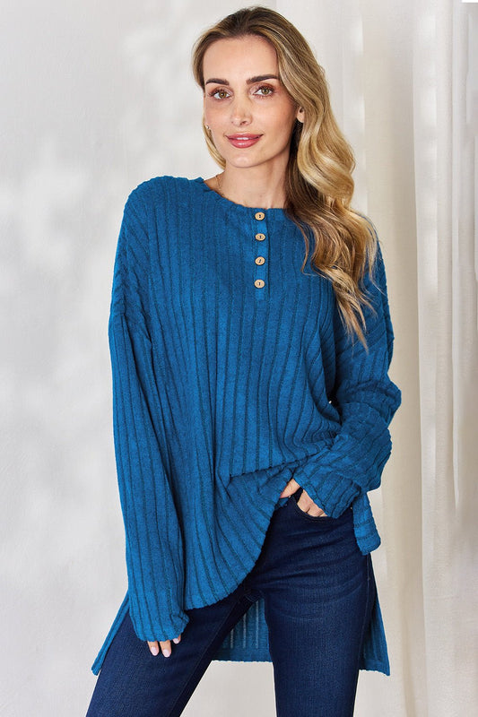 Basic Bae Ribbed Half Button Long Sleeve High - Low T - Shirt (Full Size) - Shirt - Sky Blue - Bella Bourget