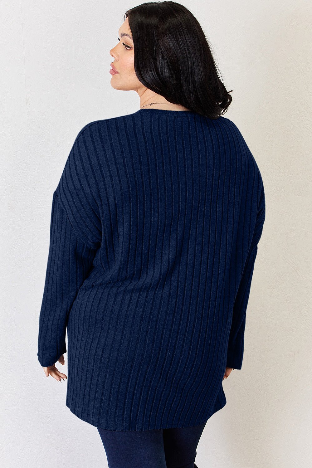 Basic Bae Ribbed Half Button Long Sleeve High - Low T - Shirt (Full Size) - Shirt - Peacock Blue - Bella Bourget