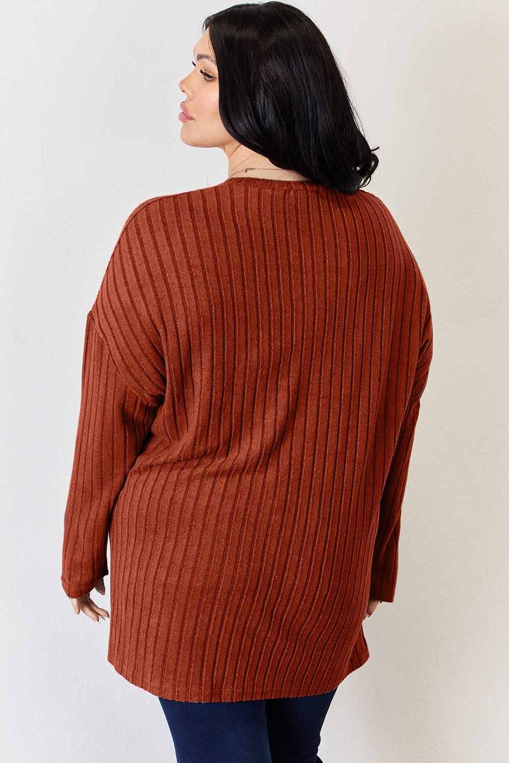 Basic Bae Ribbed Half Button Long Sleeve High - Low T - Shirt (Full Size) - Shirt - Brick Red - Bella Bourget