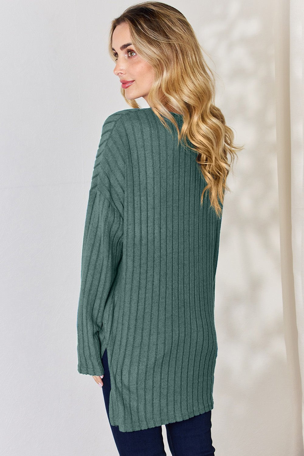 Basic Bae Ribbed Half Button Long Sleeve High - Low T - Shirt (Full Size) - Shirt - Gum Leaf - Bella Bourget