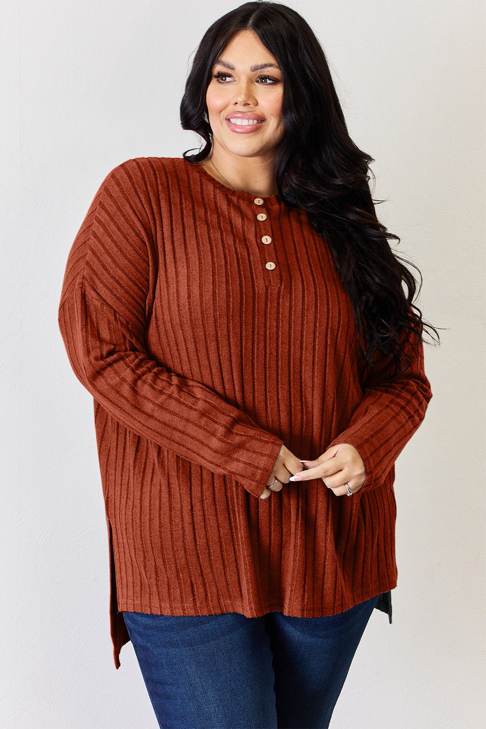 Basic Bae Ribbed Half Button Long Sleeve High - Low T - Shirt (Full Size) - Shirt - Brick Red - Bella Bourget