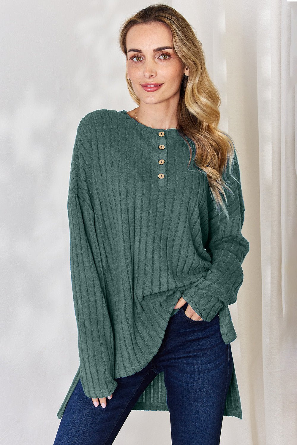 Basic Bae Ribbed Half Button Long Sleeve High - Low T - Shirt (Full Size) - Shirt - Gum Leaf - Bella Bourget