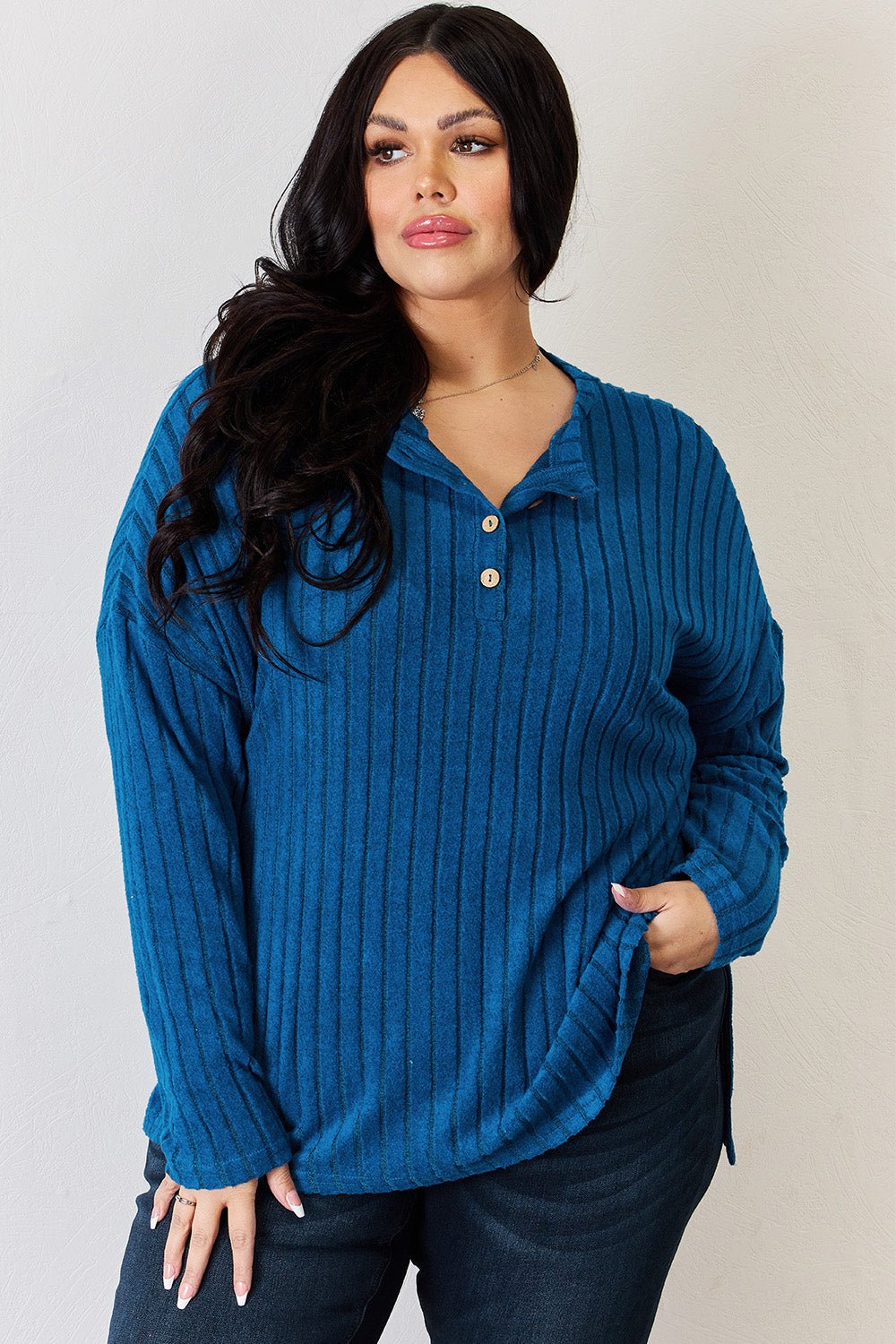 Basic Bae Ribbed Half Button Long Sleeve High - Low T - Shirt (Full Size) - Shirt - Sky Blue - Bella Bourget