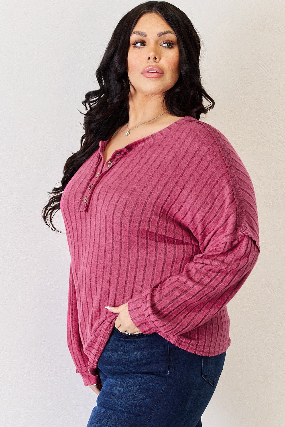 Basic Bae Ribbed Half Button Long Sleeve High - Low T - Shirt (Full Size) - Shirt - Hot Pink - Bella Bourget