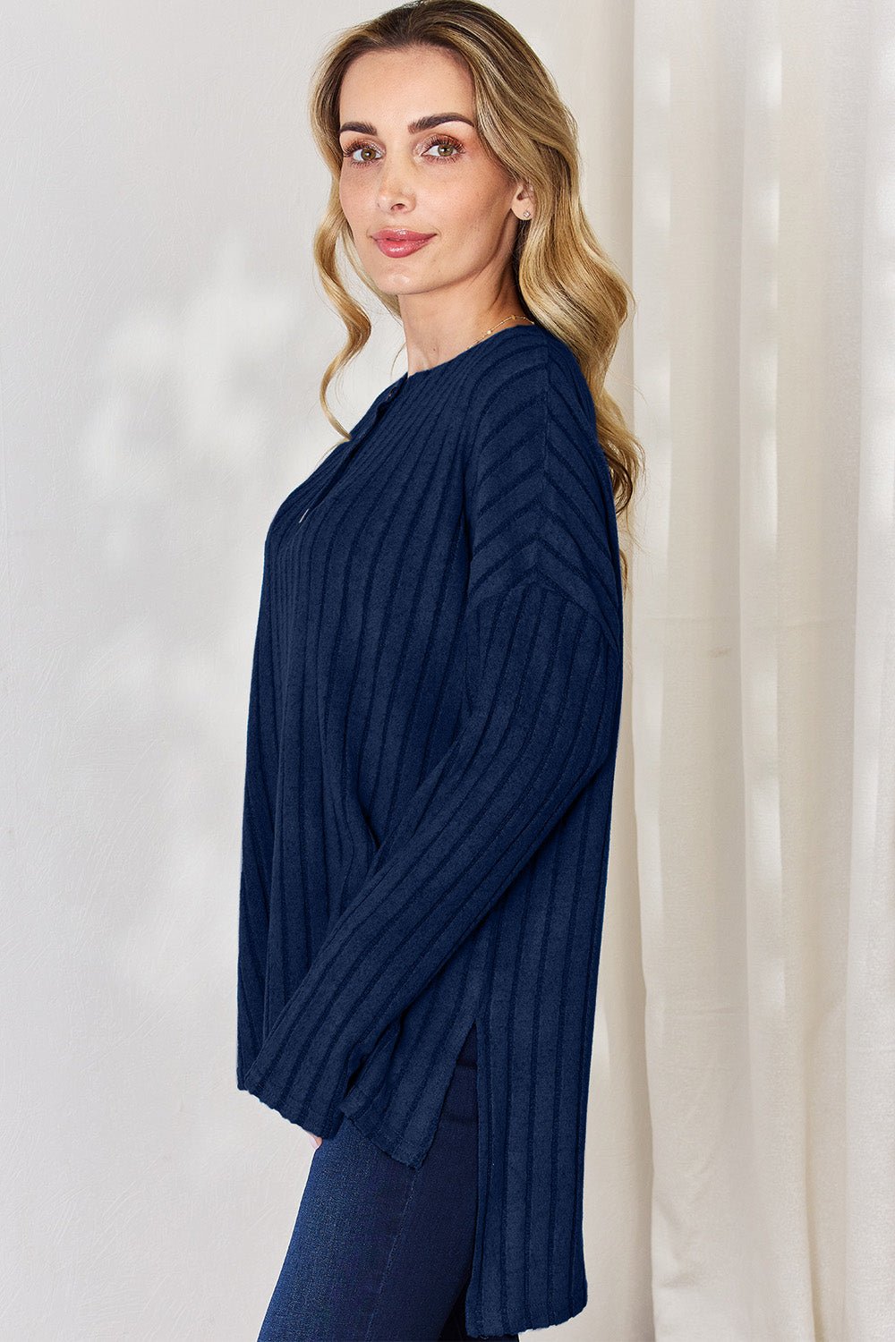 Basic Bae Ribbed Half Button Long Sleeve High - Low T - Shirt (Full Size) - Shirt - Peacock Blue - Bella Bourget