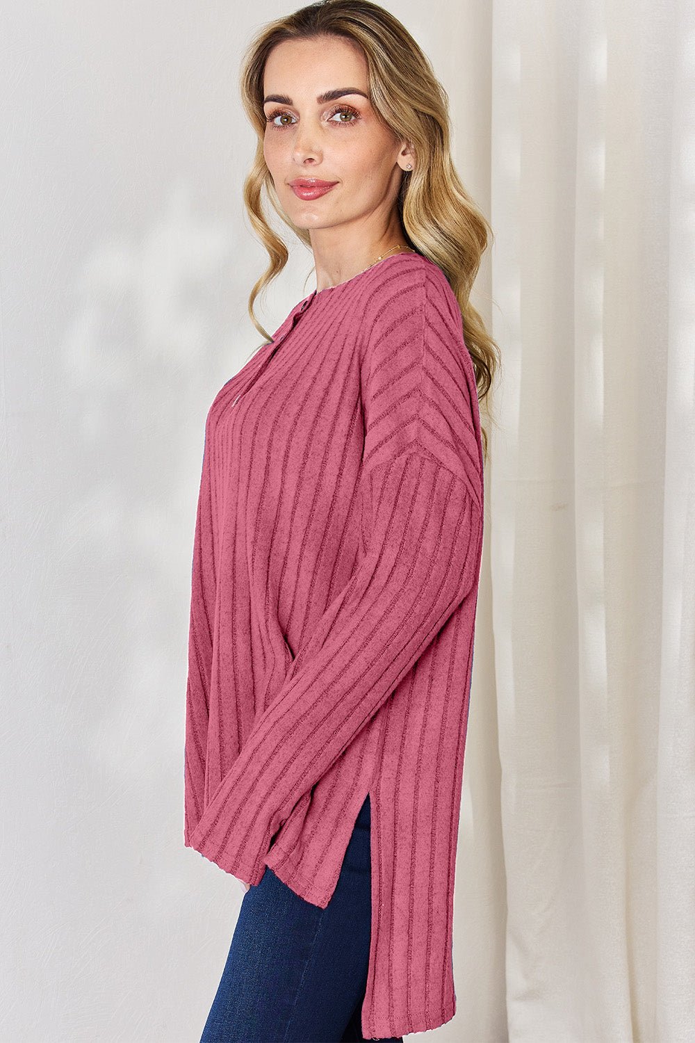 Basic Bae Ribbed Half Button Long Sleeve High - Low T - Shirt (Full Size) - Shirt - Hot Pink - Bella Bourget