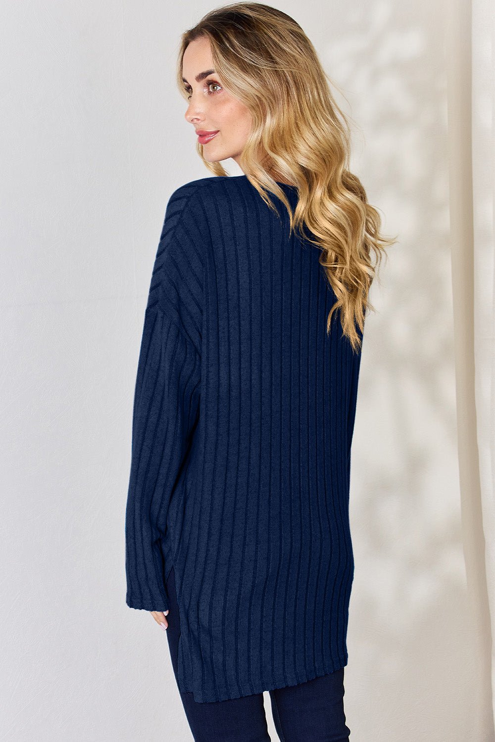 Basic Bae Ribbed Half Button Long Sleeve High - Low T - Shirt (Full Size) - Shirt - Peacock Blue - Bella Bourget