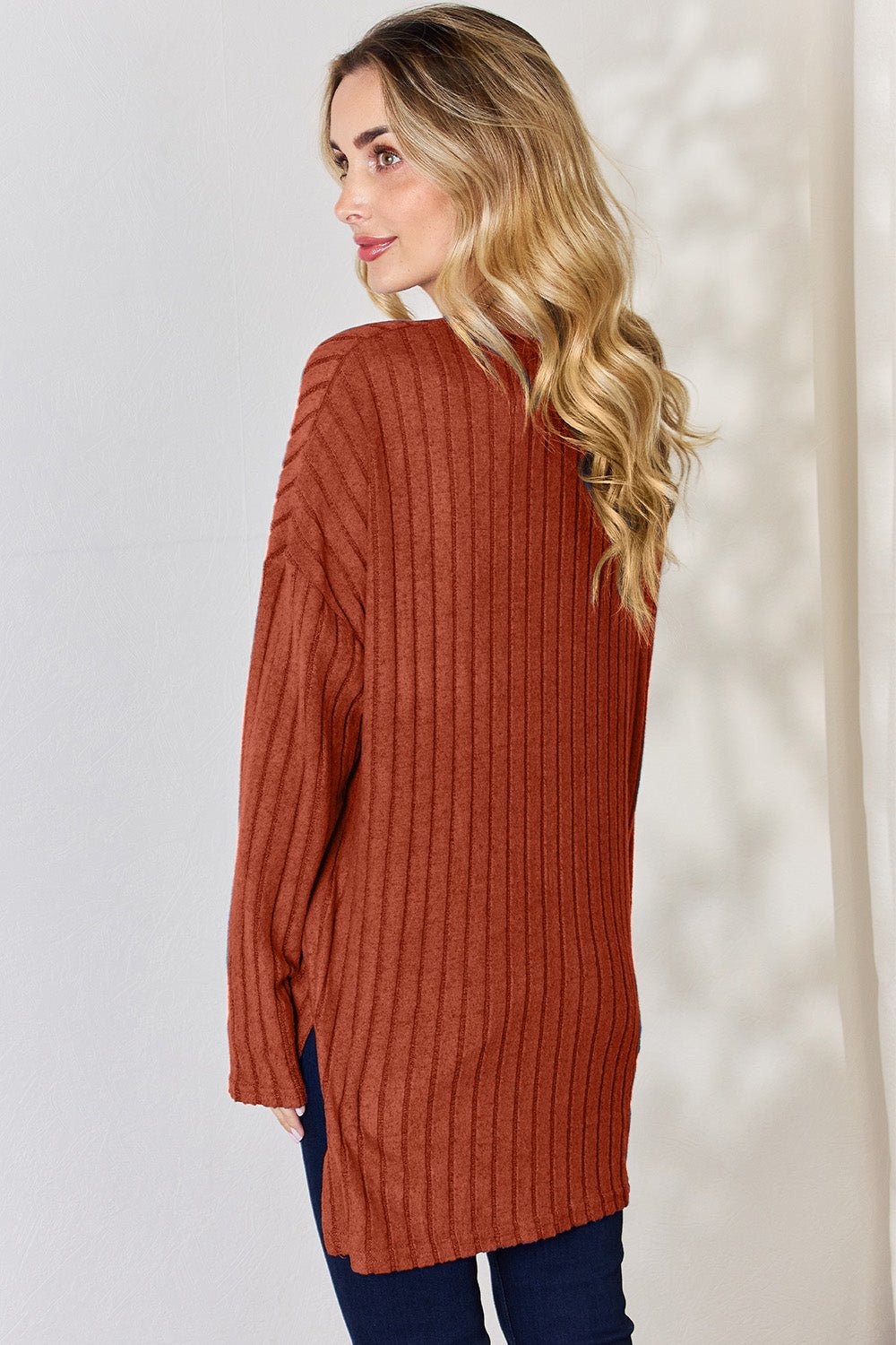 Basic Bae Ribbed Half Button Long Sleeve High - Low T - Shirt (Full Size) - Shirt - Brick Red - Bella Bourget