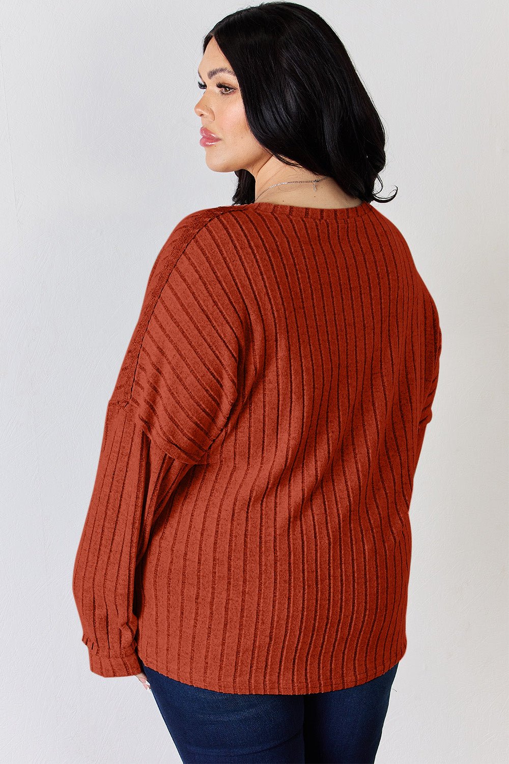 Basic Bae Ribbed Half Button Long Sleeve T - Shirt (full size) - Shirt - Brick Red - Bella Bourget