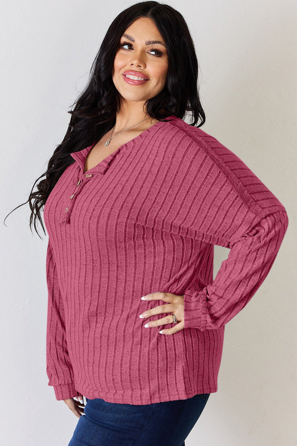 Basic Bae Ribbed Half Button Long Sleeve T - Shirt (full size) - Shirt - Hot Pink - Bella Bourget