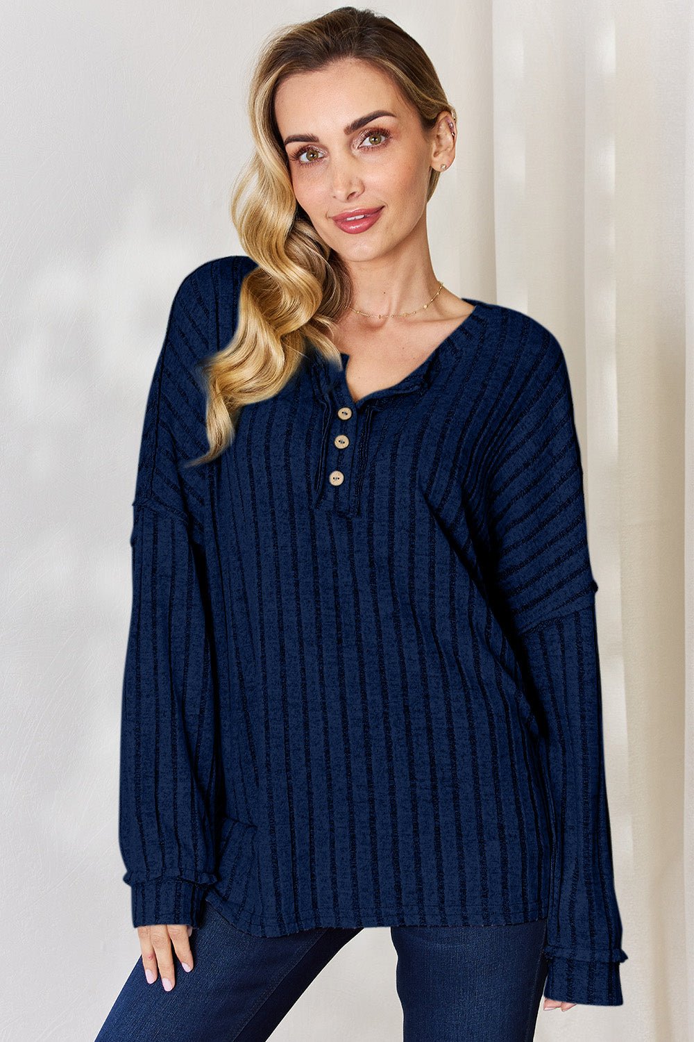 Basic Bae Ribbed Half Button Long Sleeve T - Shirt (full size) - Shirt - Peacock Blue - Bella Bourget