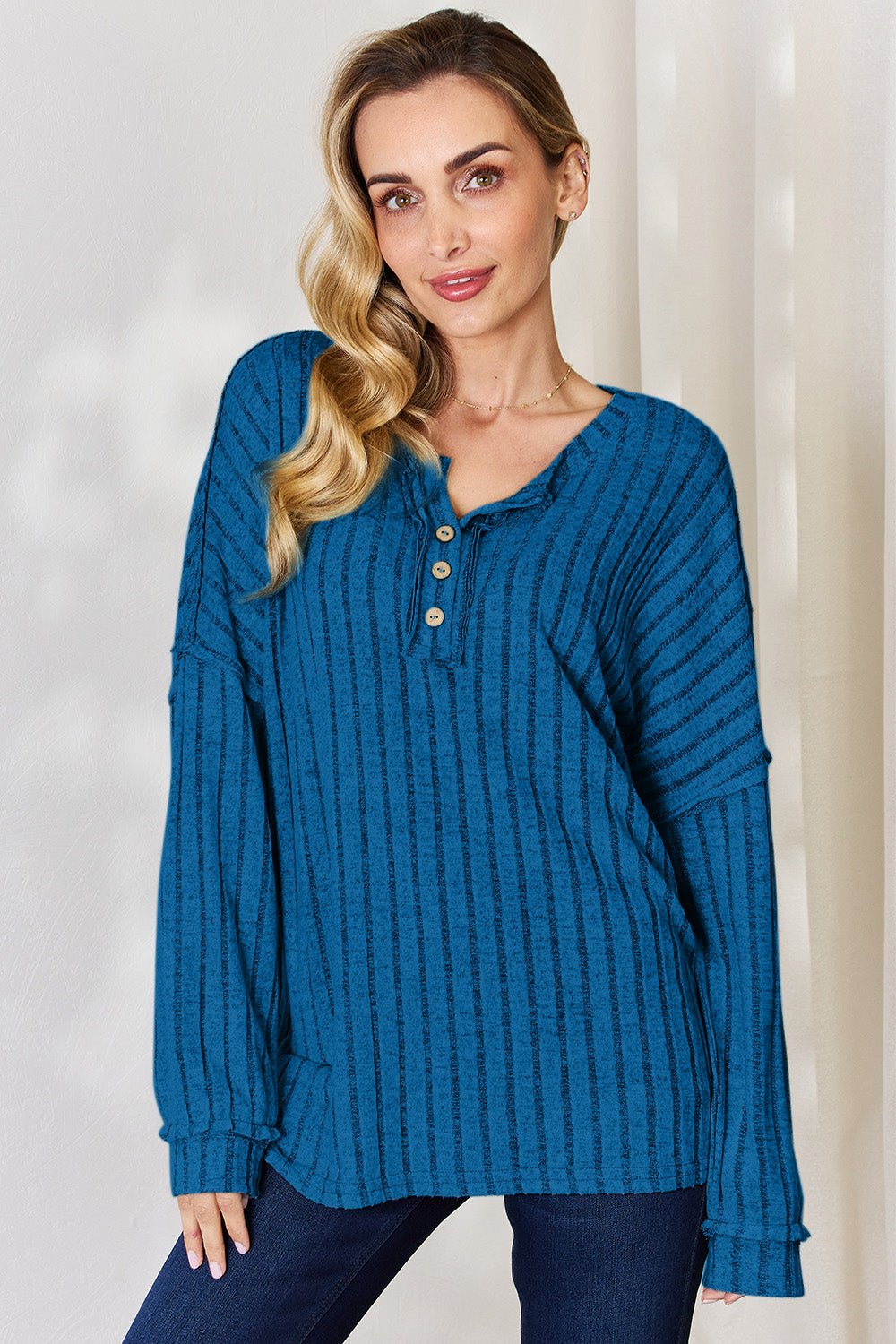 Basic Bae Ribbed Half Button Long Sleeve T - Shirt (full size) - Shirt - Sky Blue - Bella Bourget