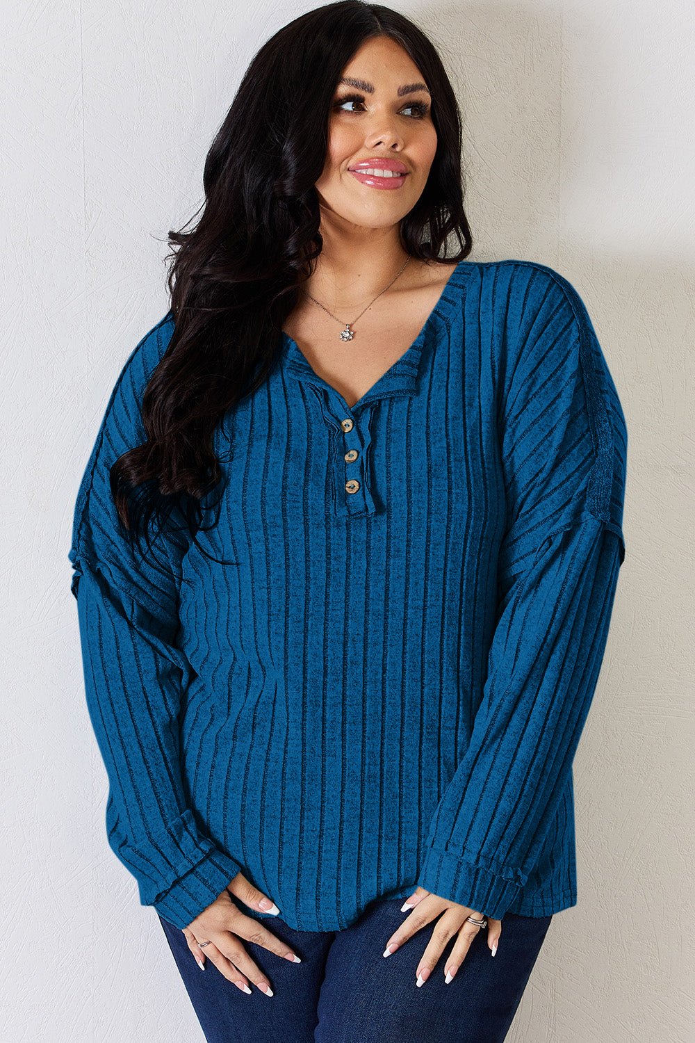 Basic Bae Ribbed Half Button Long Sleeve T - Shirt (full size) - Shirt - Sky Blue - Bella Bourget