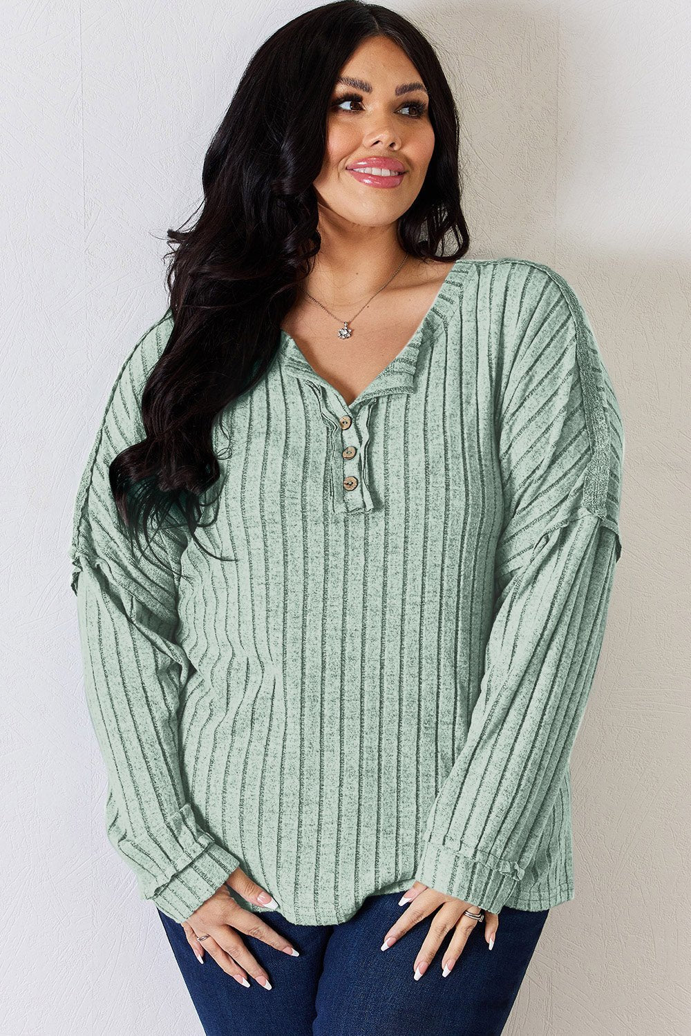 Basic Bae Ribbed Half Button Long Sleeve T - Shirt (full size) - Shirt - Sky Blue - Bella Bourget