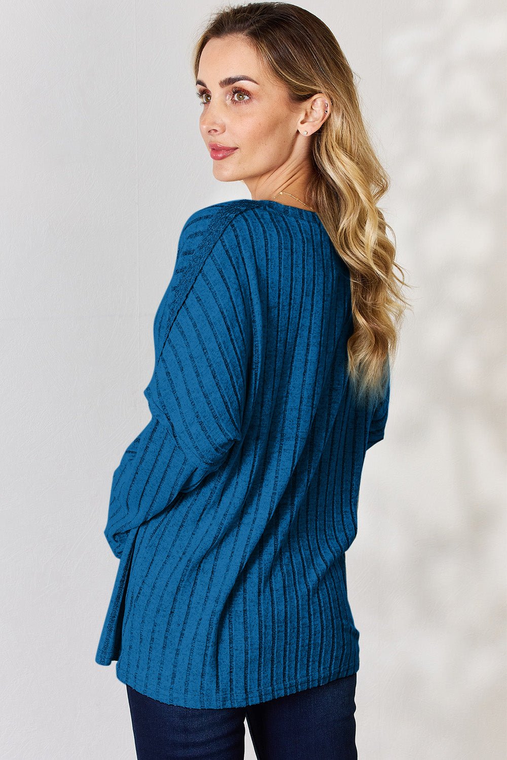 Basic Bae Ribbed Half Button Long Sleeve T - Shirt (full size) - Shirt - Sky Blue - Bella Bourget