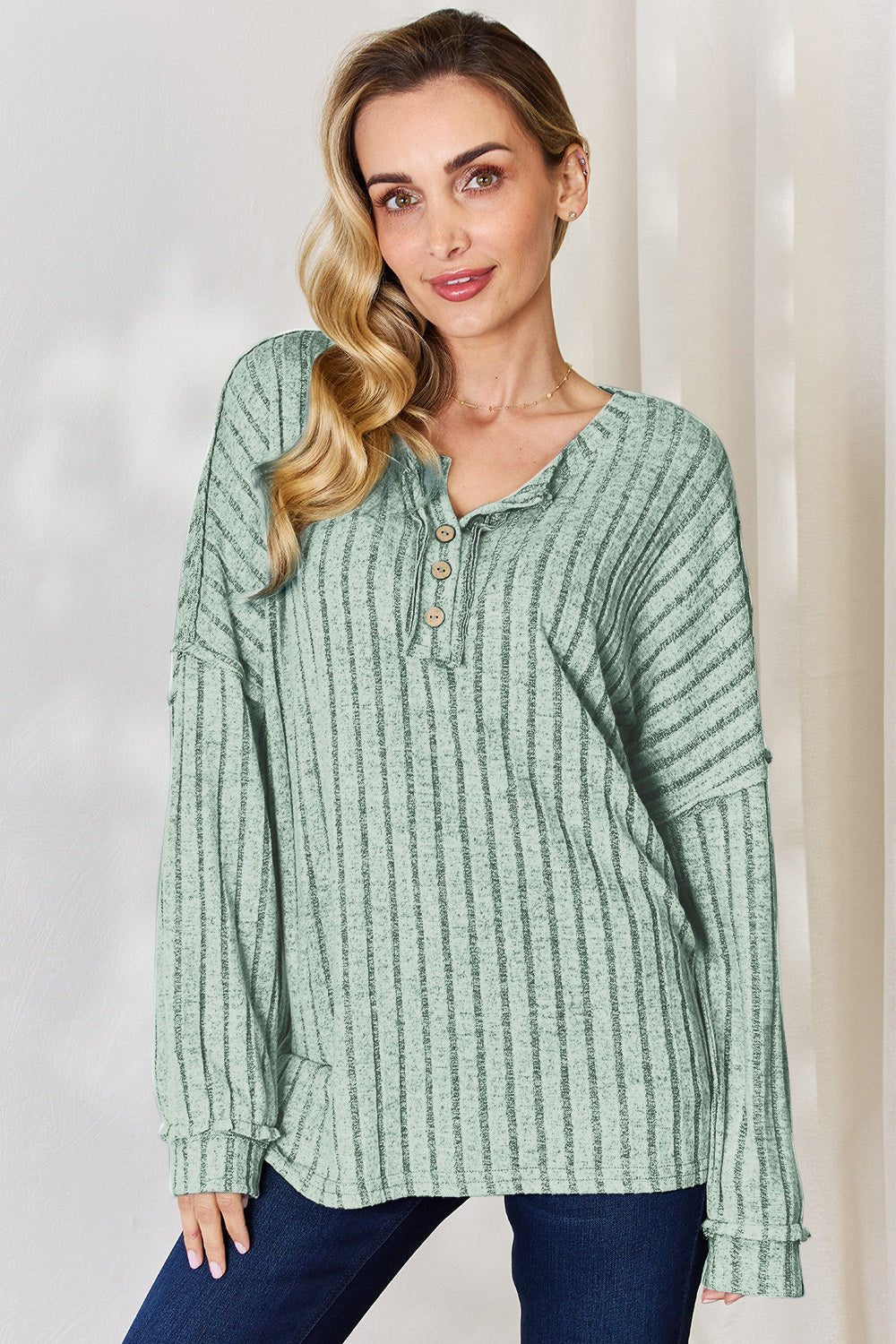 Basic Bae Ribbed Half Button Long Sleeve T - Shirt (full size) - Shirt - Gum Leaf - Bella Bourget