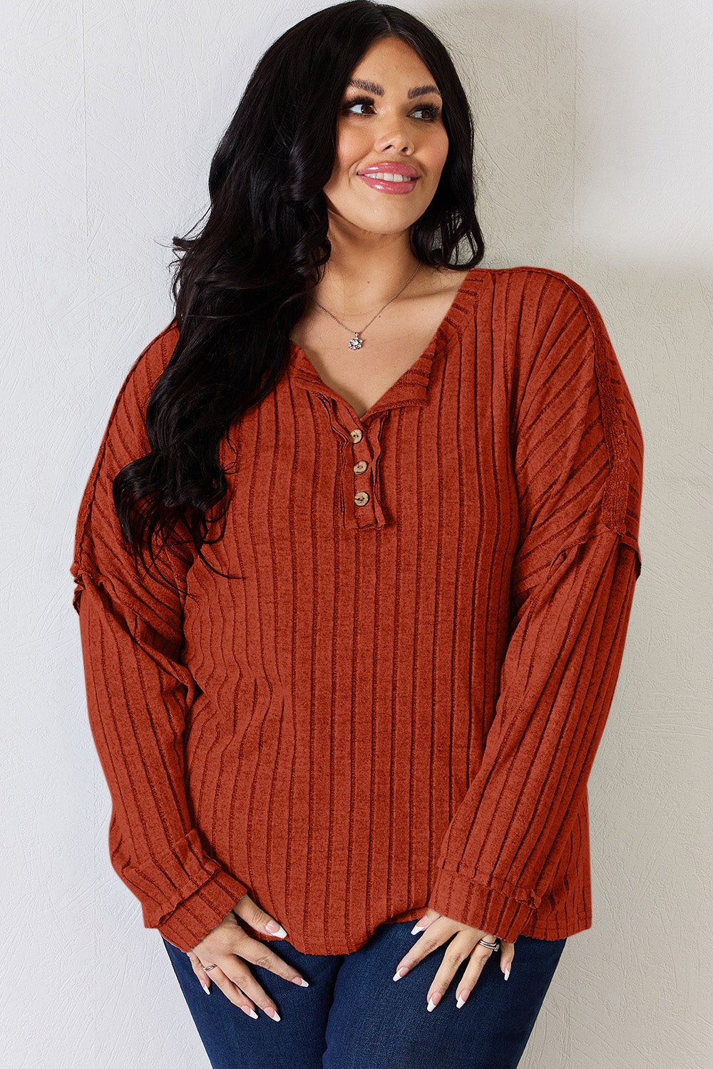 Basic Bae Ribbed Half Button Long Sleeve T - Shirt (full size) - Shirt - Brick Red - Bella Bourget