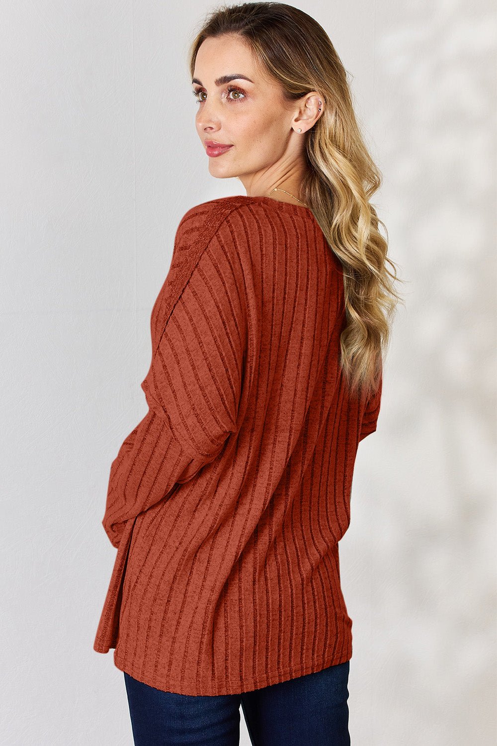 Basic Bae Ribbed Half Button Long Sleeve T - Shirt (full size) - Shirt - Brick Red - Bella Bourget