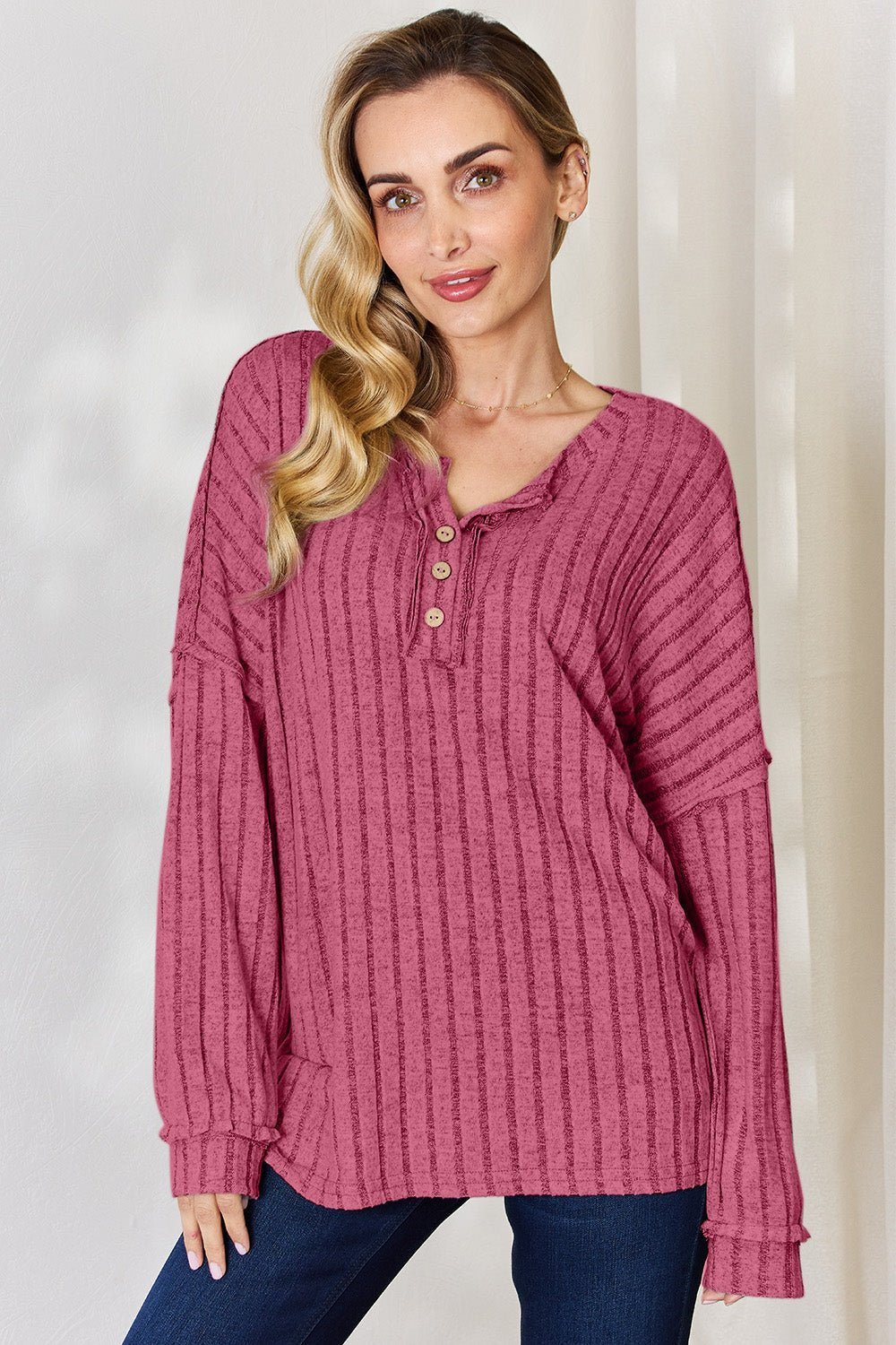 Basic Bae Ribbed Half Button Long Sleeve T - Shirt (full size) - Shirt - Hot Pink - Bella Bourget