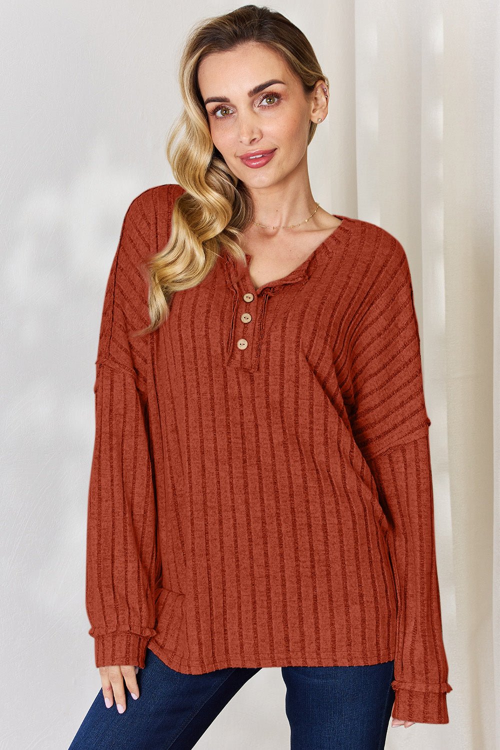 Basic Bae Ribbed Half Button Long Sleeve T - Shirt (full size) - Shirt - Brick Red - Bella Bourget