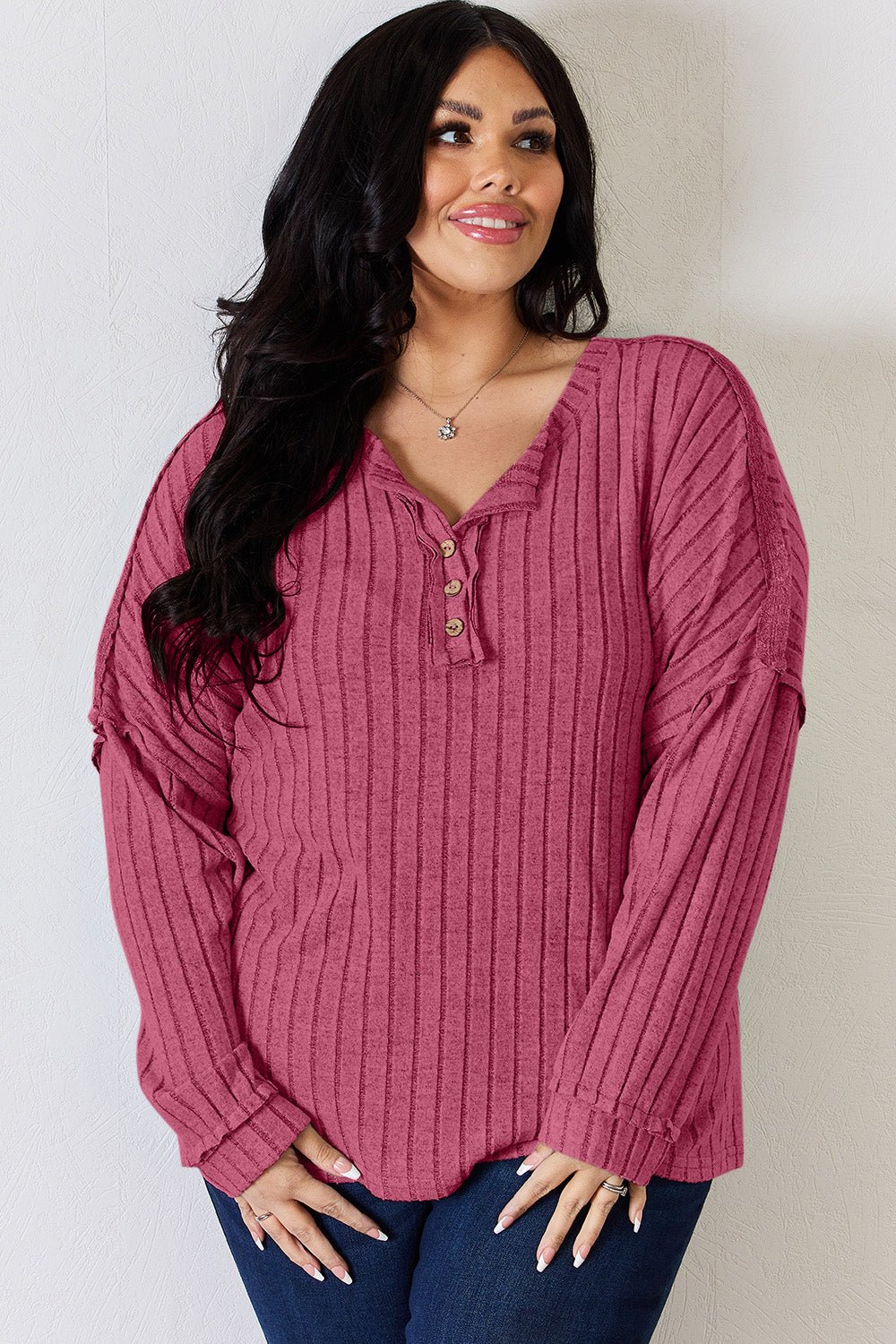 Basic Bae Ribbed Half Button Long Sleeve T - Shirt (full size) - Shirt - Hot Pink - Bella Bourget