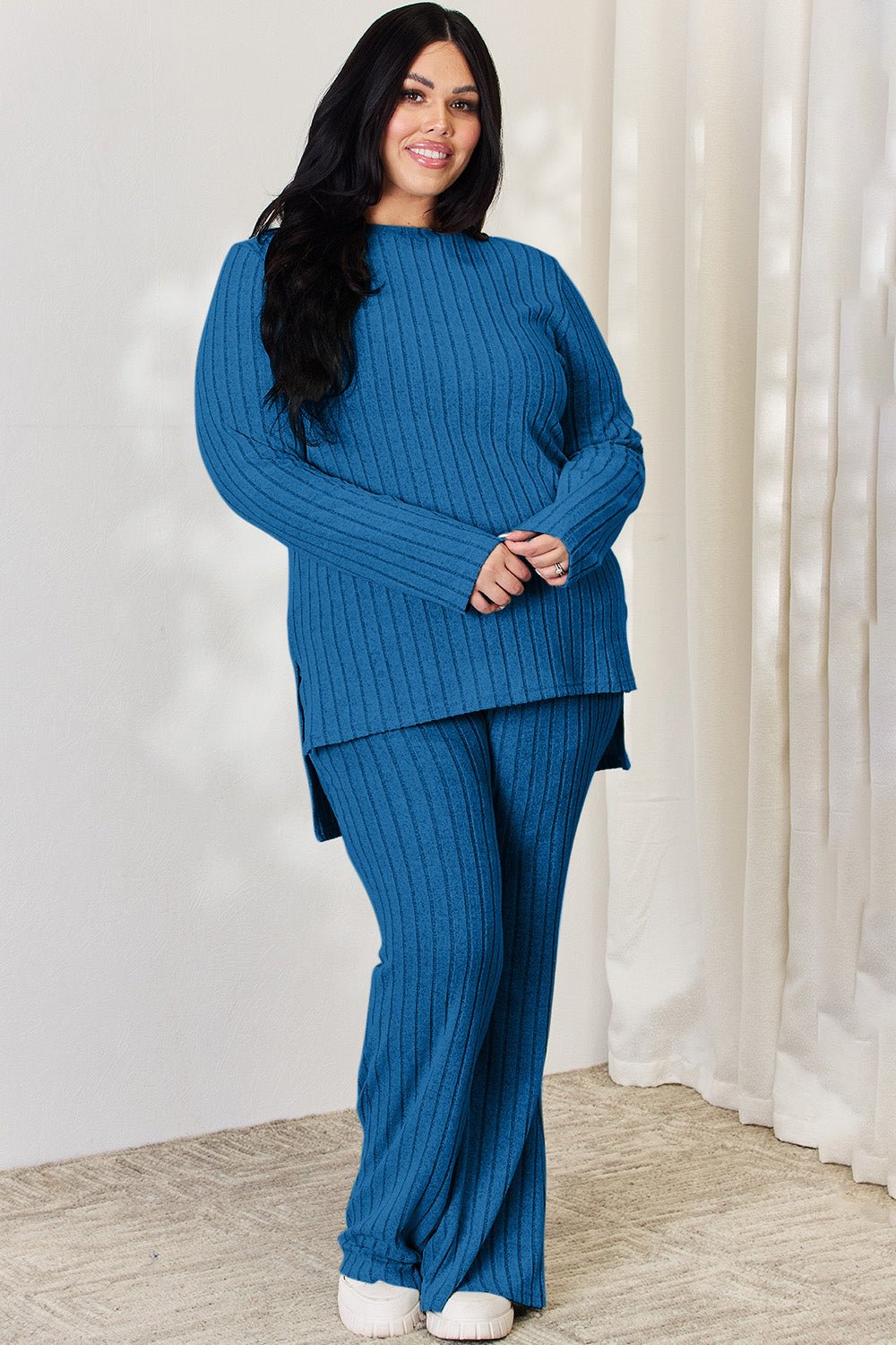 Basic Bae Ribbed High - Low Top and Wide Leg Pants Set (all sizes) - Lounge set - Royal Blue - Bella Bourget