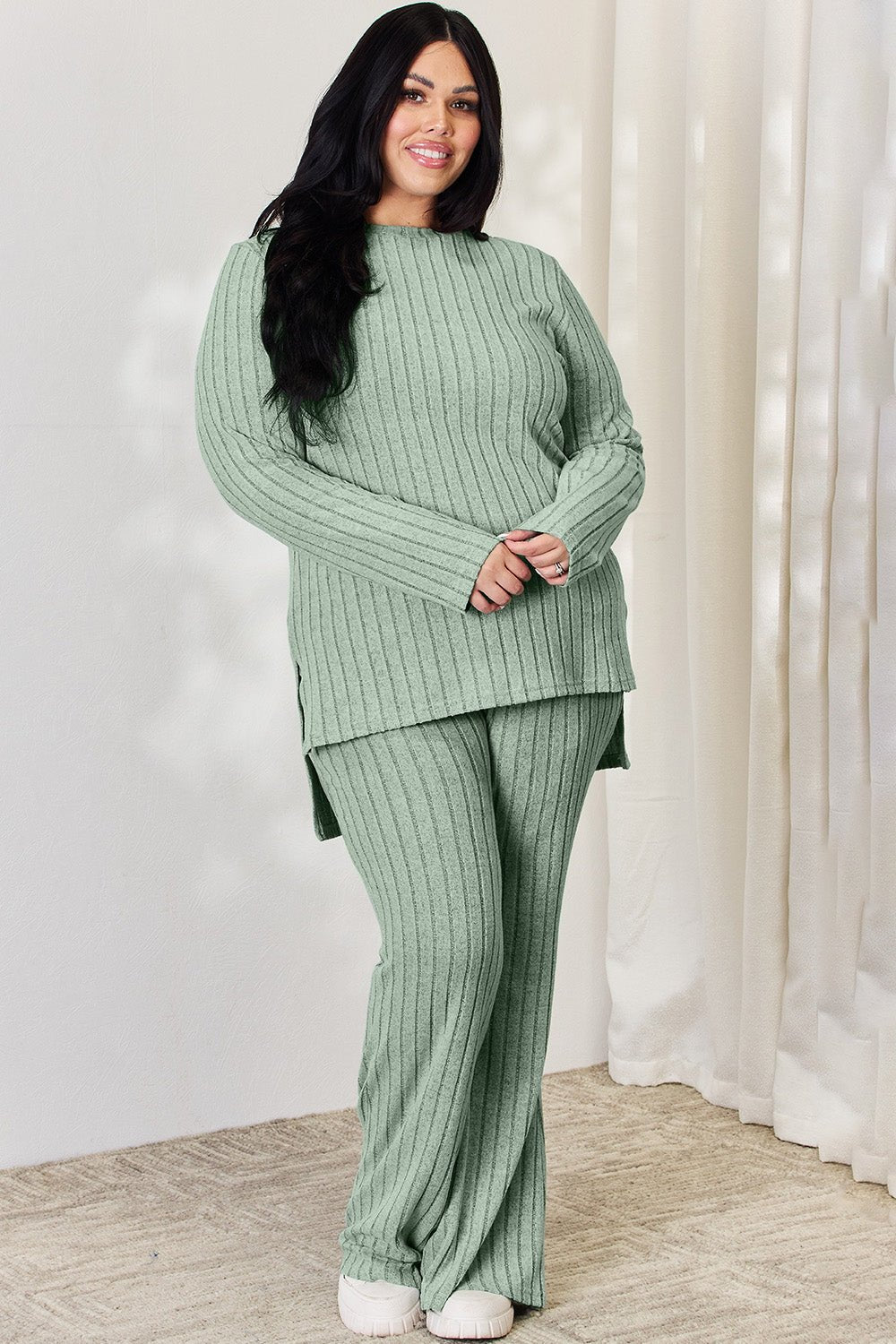 Basic Bae Ribbed High - Low Top and Wide Leg Pants Set (all sizes) - Lounge set - Gum Leaf - Bella Bourget