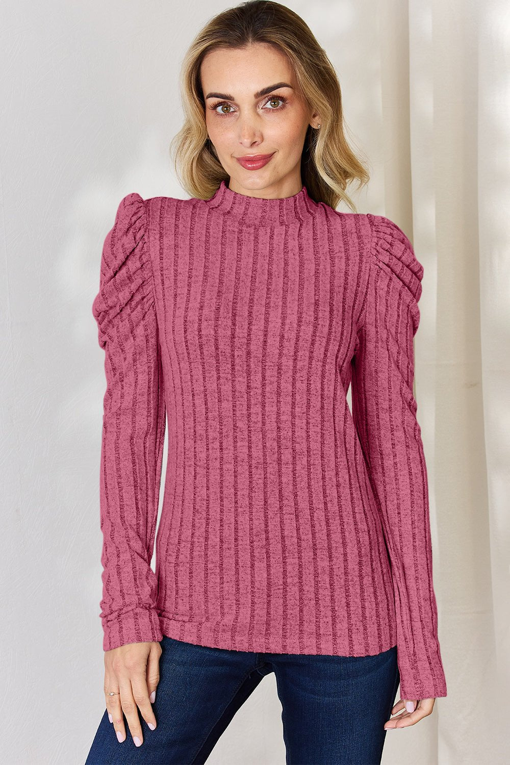 Basic Bae Ribbed Mock Neck Puff Sleeve T - Shirt (Full Size) - Shirt - Fuchsia Pink - Bella Bourget