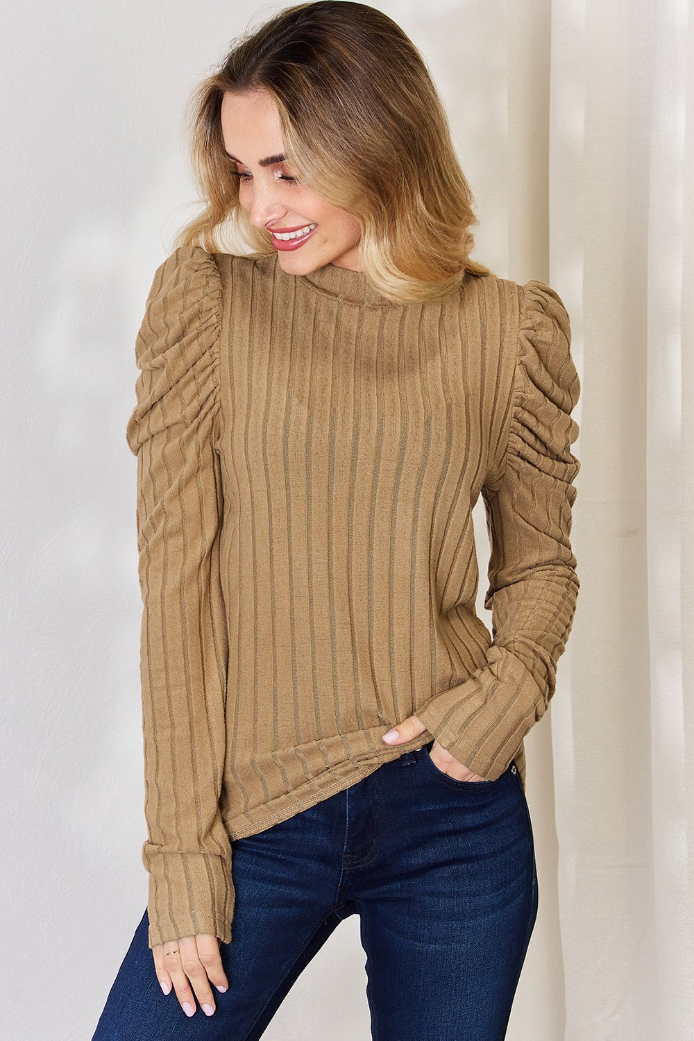 Basic Bae Ribbed Mock Neck Puff Sleeve T - Shirt (Full Size) - Shirt - Tan - Bella Bourget