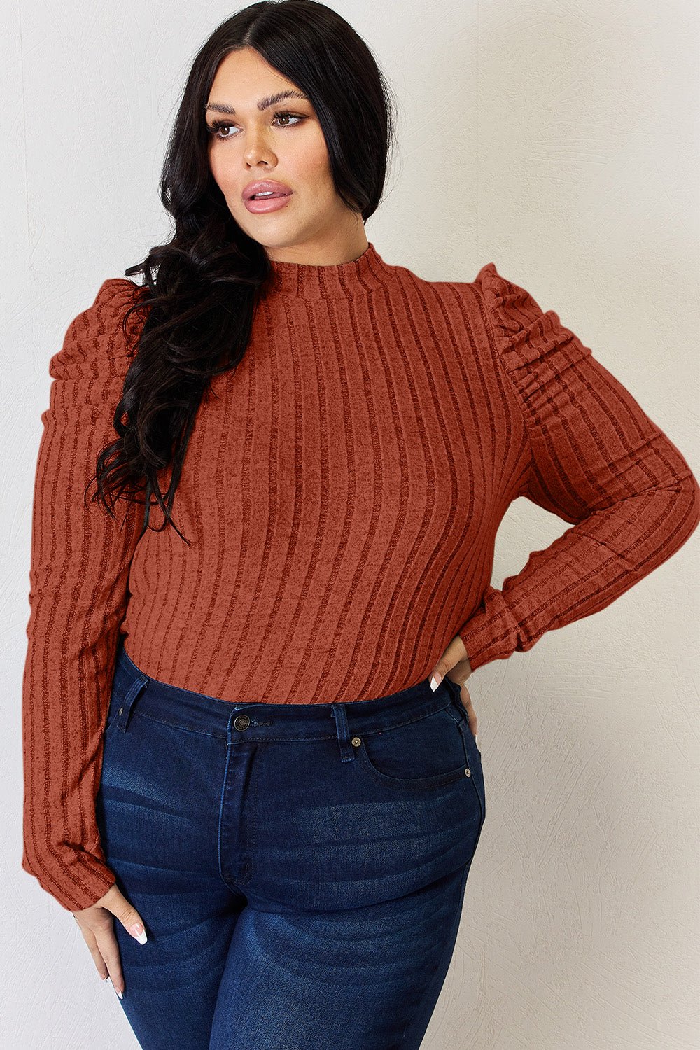 Basic Bae Ribbed Mock Neck Puff Sleeve T - Shirt (Full Size) - Shirt - Brick Red - Bella Bourget