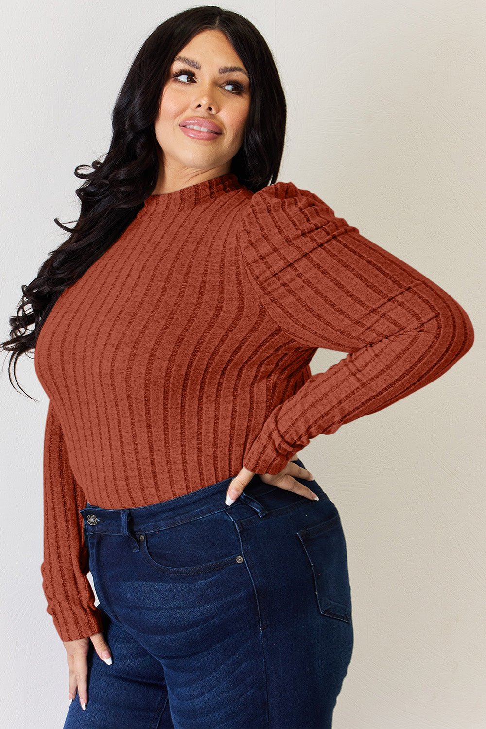 Basic Bae Ribbed Mock Neck Puff Sleeve T - Shirt (Full Size) - Shirt - Brick Red - Bella Bourget