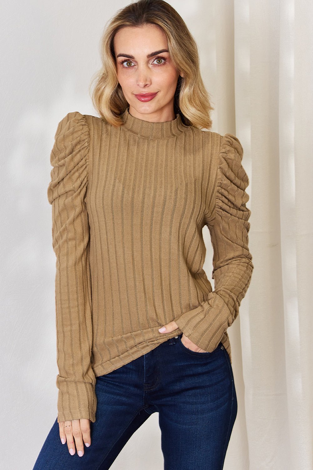 Basic Bae Ribbed Mock Neck Puff Sleeve T - Shirt (Full Size) - Shirt - Tan - Bella Bourget