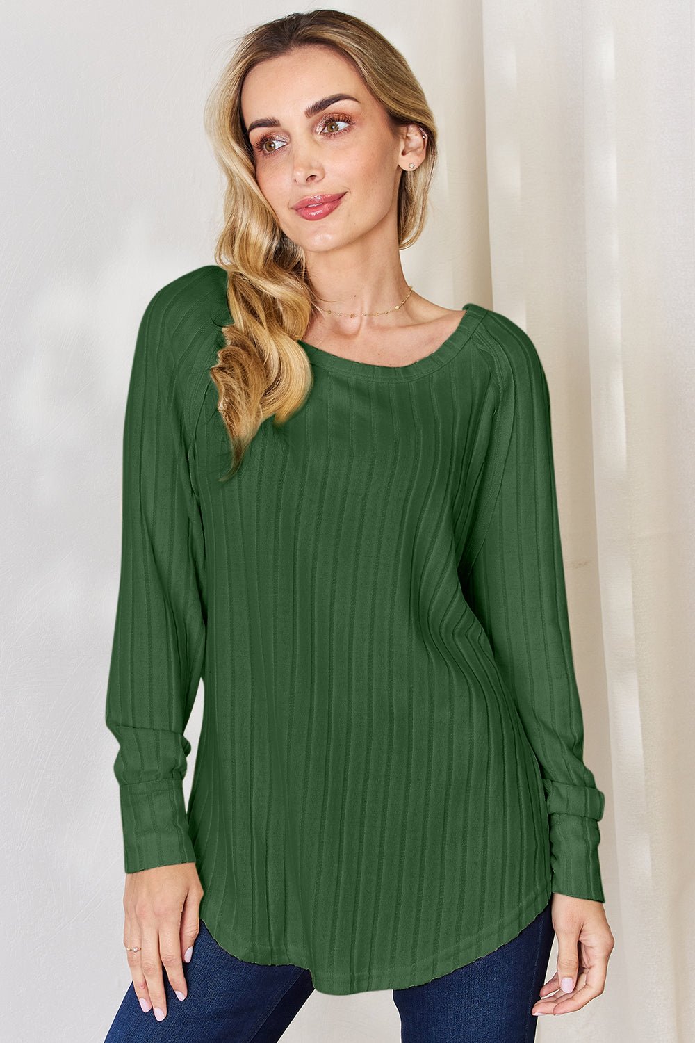 Basic Bae Ribbed Round Neck Slit T - Shirt (Full Size) - Shirt - Mid Green - Bella Bourget