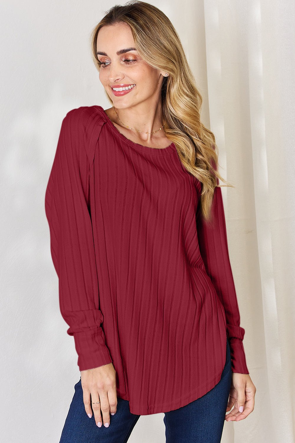 Basic Bae Ribbed Round Neck Slit T - Shirt (Full Size) - Shirt - Deep Red - Bella Bourget