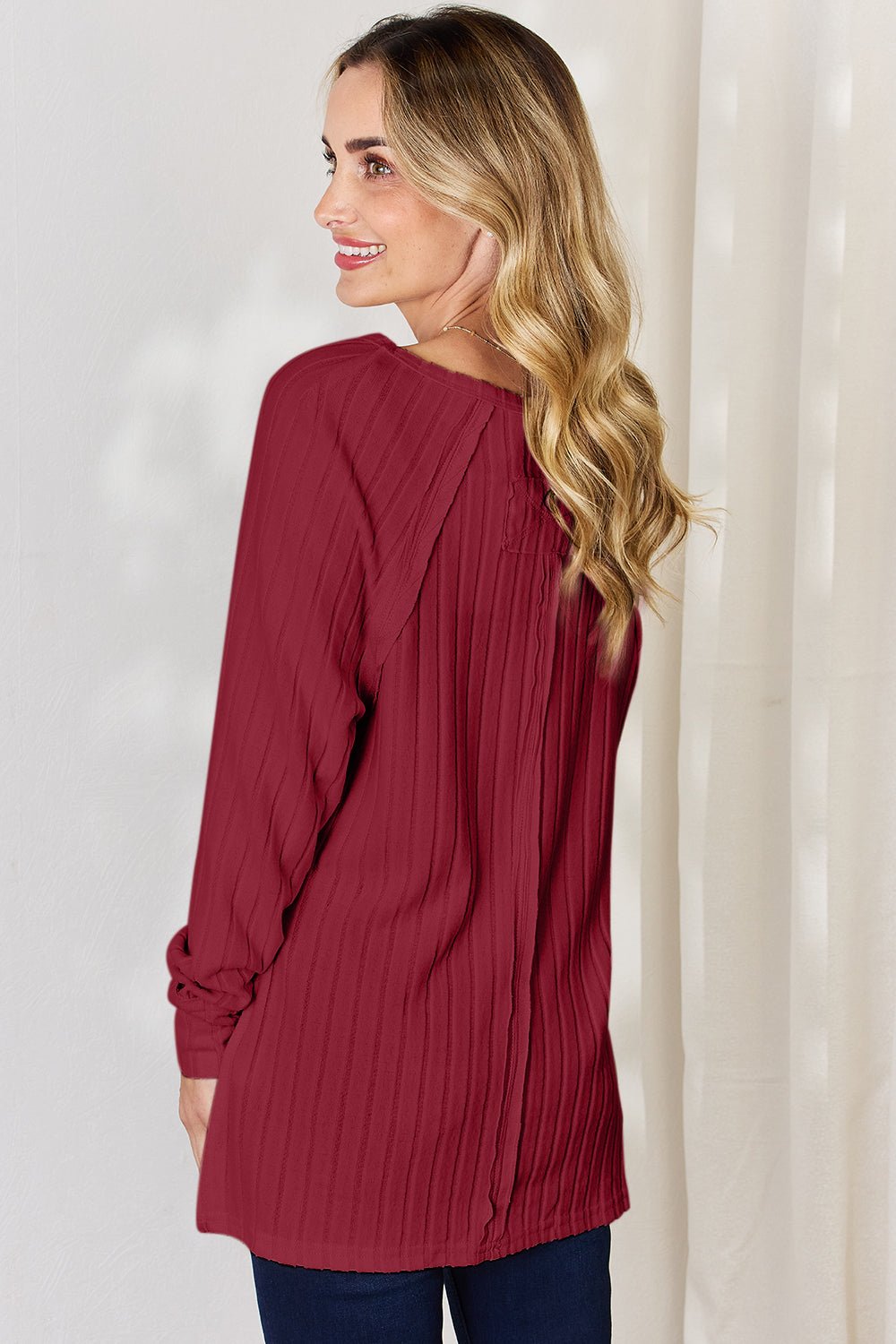 Basic Bae Ribbed Round Neck Slit T - Shirt (Full Size) - Shirt - Deep Red - Bella Bourget