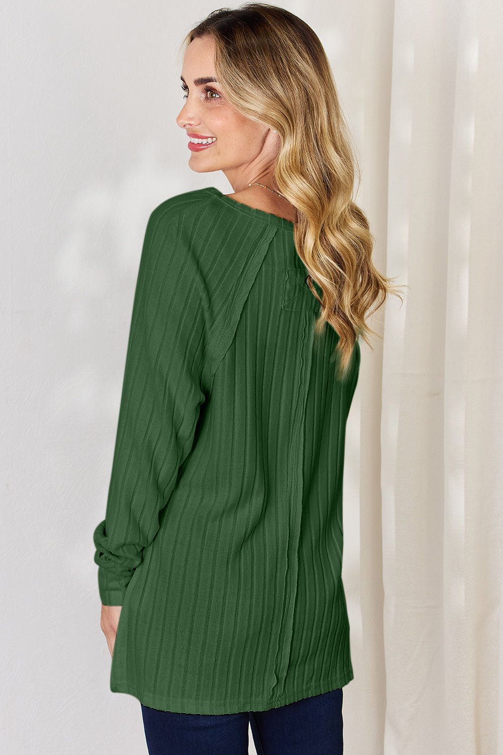 Basic Bae Ribbed Round Neck Slit T - Shirt (Full Size) - Shirt - Mid Green - Bella Bourget