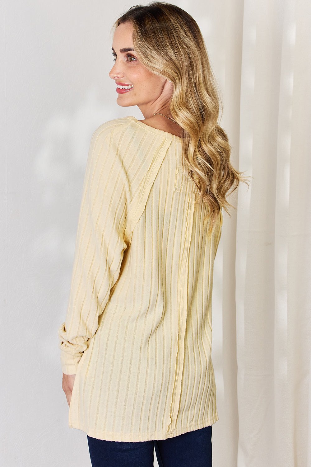 Basic Bae Ribbed Round Neck Slit T - Shirt (Full Size) - Shirt - Pastel Yellow - Bella Bourget