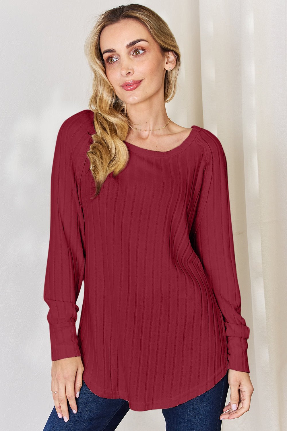 Basic Bae Ribbed Round Neck Slit T - Shirt (Full Size) - Shirt - Deep Red - Bella Bourget