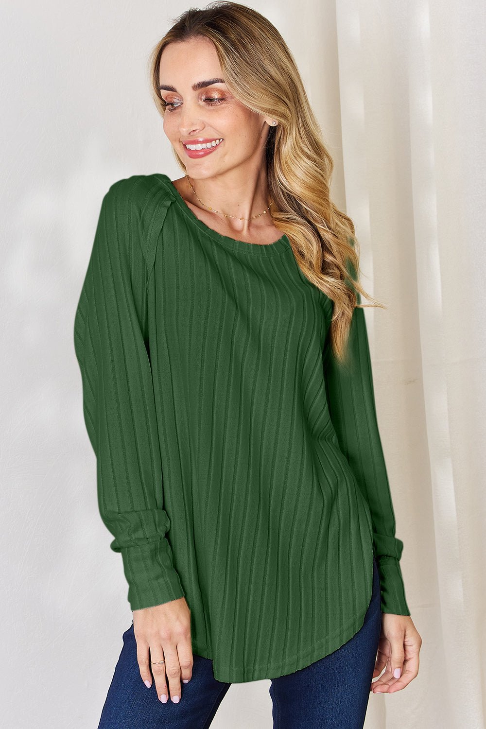 Basic Bae Ribbed Round Neck Slit T - Shirt (Full Size) - Shirt - Mid Green - Bella Bourget