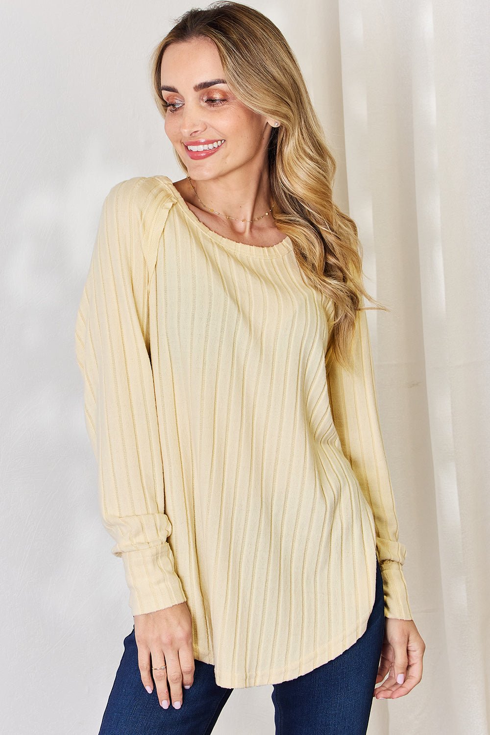 Basic Bae Ribbed Round Neck Slit T - Shirt (Full Size) - Shirt - Pastel Yellow - Bella Bourget