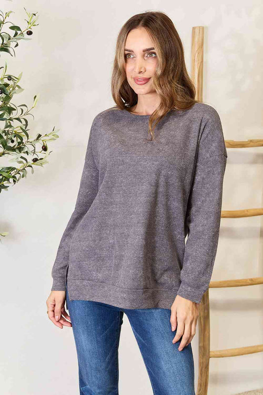 Basic Bae Round Neck Drop Shoulder Slit Sweatshirt - Sweatshirt - Charcoal - Bella Bourget