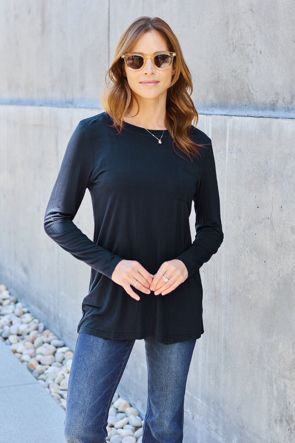 Basic Bae Round Neck Full Size Long Sleeve T - Shirt - Shirt - Black - Bella Bourget