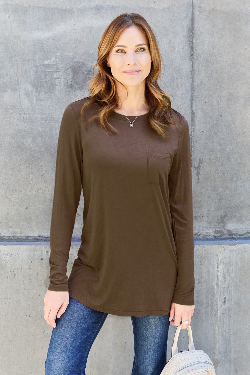 Basic Bae Round Neck Full Size Long Sleeve T - Shirt - Shirt - Chocolate - Bella Bourget