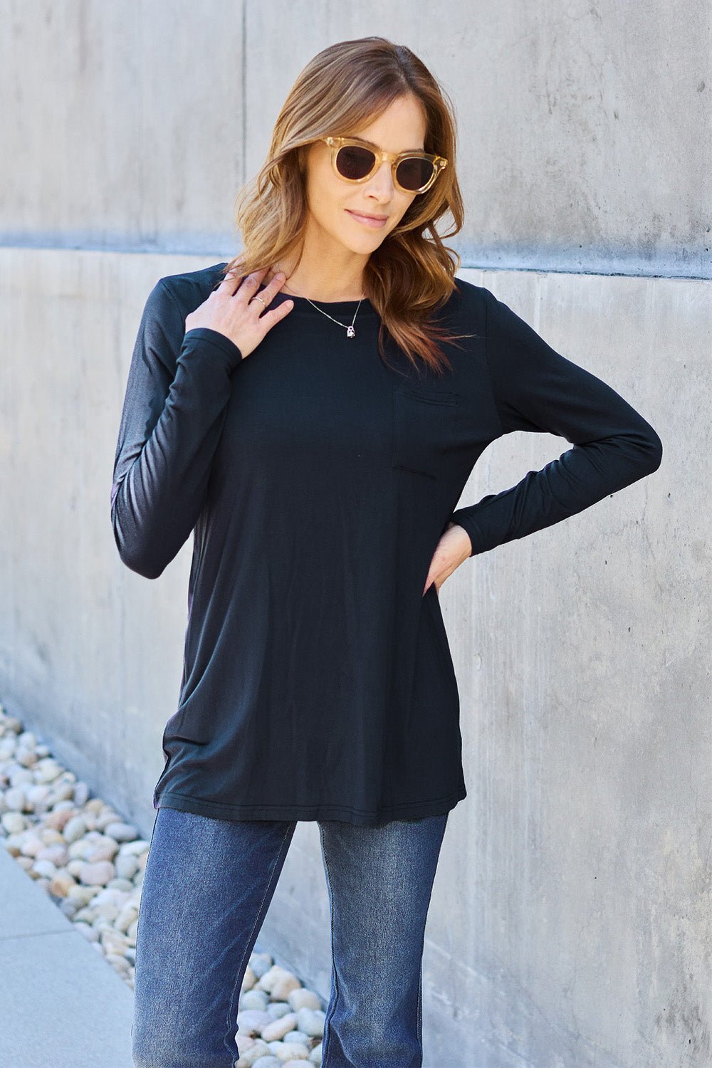 Basic Bae Round Neck Full Size Long Sleeve T - Shirt - Shirt - Black - Bella Bourget