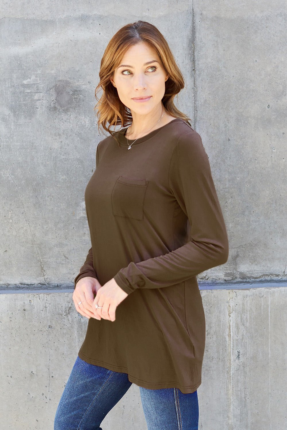 Basic Bae Round Neck Full Size Long Sleeve T - Shirt - Shirt - Chocolate - Bella Bourget