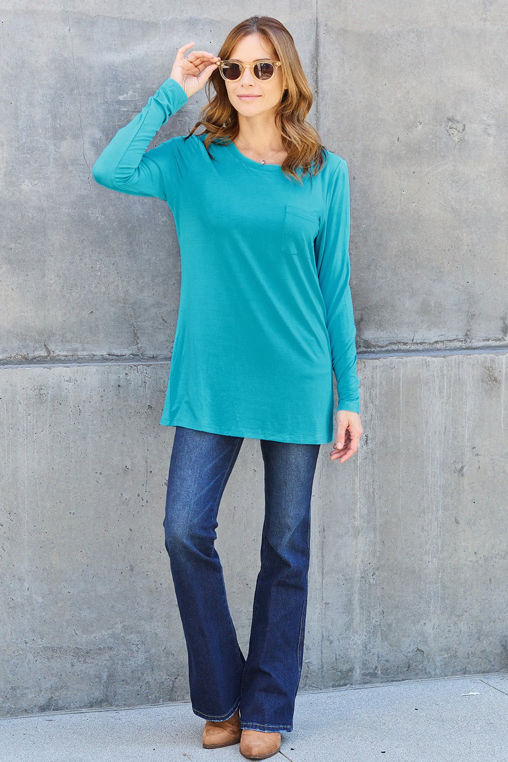 Basic Bae Round Neck Full Size Long Sleeve T - Shirt - Shirt - Azure - Bella Bourget